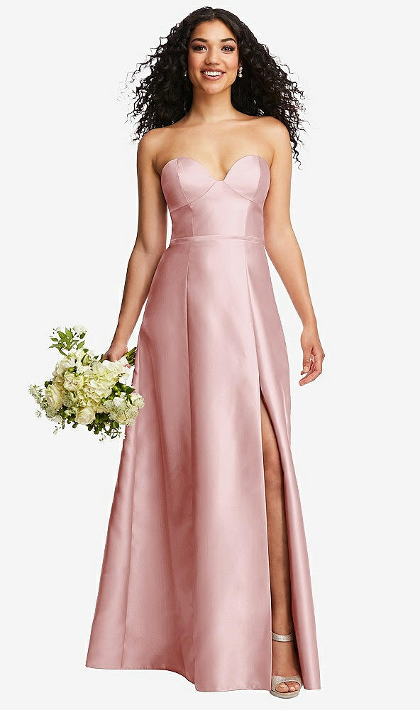 Front View - Ballet Pink Strapless Bustier A-Line Satin Gown with Front Slit