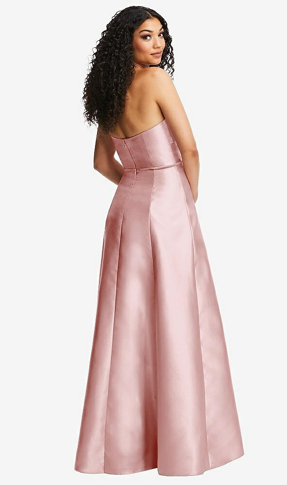 Back View - Ballet Pink Strapless Bustier A-Line Satin Gown with Front Slit