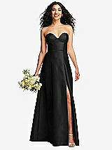 Front View Thumbnail - Black Strapless Bustier A-Line Satin Gown with Front Slit