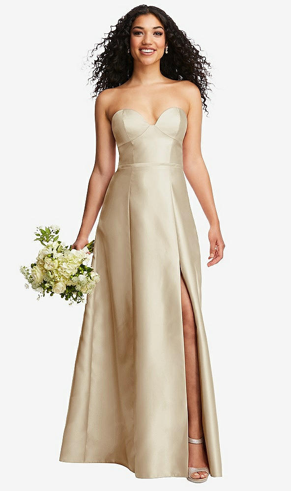 Front View - Champagne Strapless Bustier A-Line Satin Gown with Front Slit