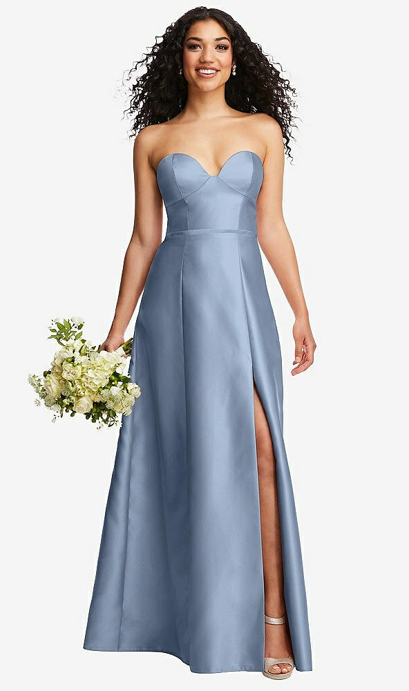 Front View - Cloudy Strapless Bustier A-Line Satin Gown with Front Slit