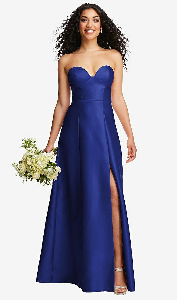 Front View - Cobalt Blue Strapless Bustier A-Line Satin Gown with Front Slit