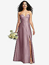 Front View Thumbnail - Dusty Rose Strapless Bustier A-Line Satin Gown with Front Slit