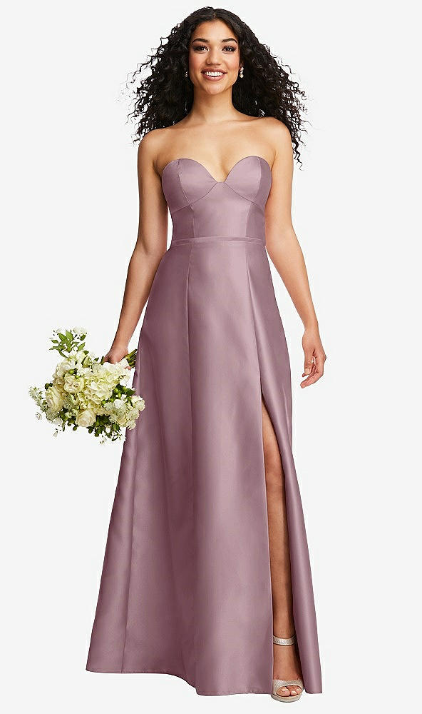 Front View - Dusty Rose Strapless Bustier A-Line Satin Gown with Front Slit