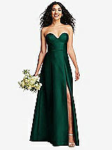 Front View Thumbnail - Hunter Green Strapless Bustier A-Line Satin Gown with Front Slit