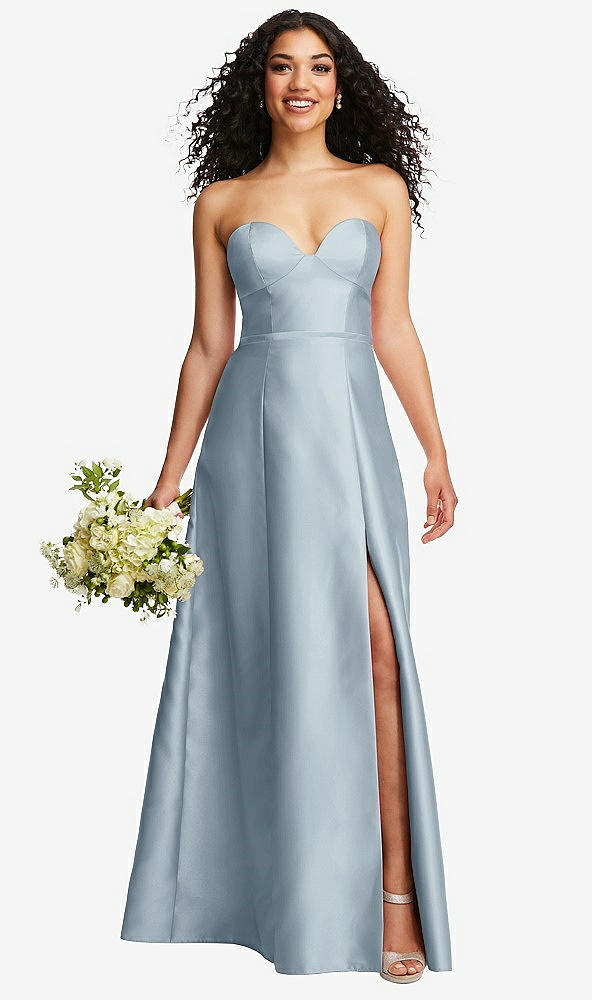 Front View - Mist Strapless Bustier A-Line Satin Gown with Front Slit