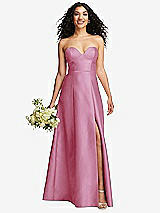 Front View Thumbnail - Powder Pink Strapless Bustier A-Line Satin Gown with Front Slit