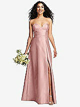 Front View Thumbnail - Rose - PANTONE Rose Quartz Strapless Bustier A-Line Satin Gown with Front Slit