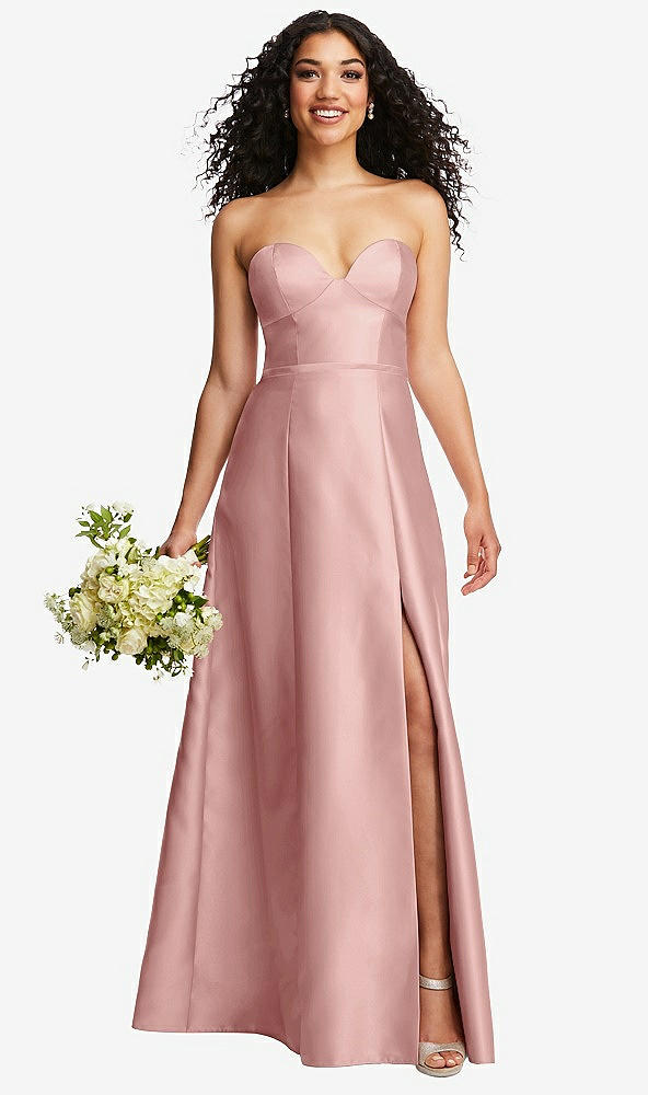 Front View - Rose - PANTONE Rose Quartz Strapless Bustier A-Line Satin Gown with Front Slit