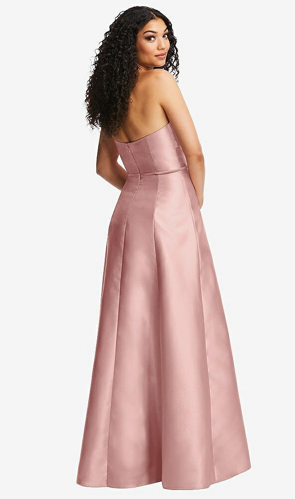 Back View - Rose - PANTONE Rose Quartz Strapless Bustier A-Line Satin Gown with Front Slit