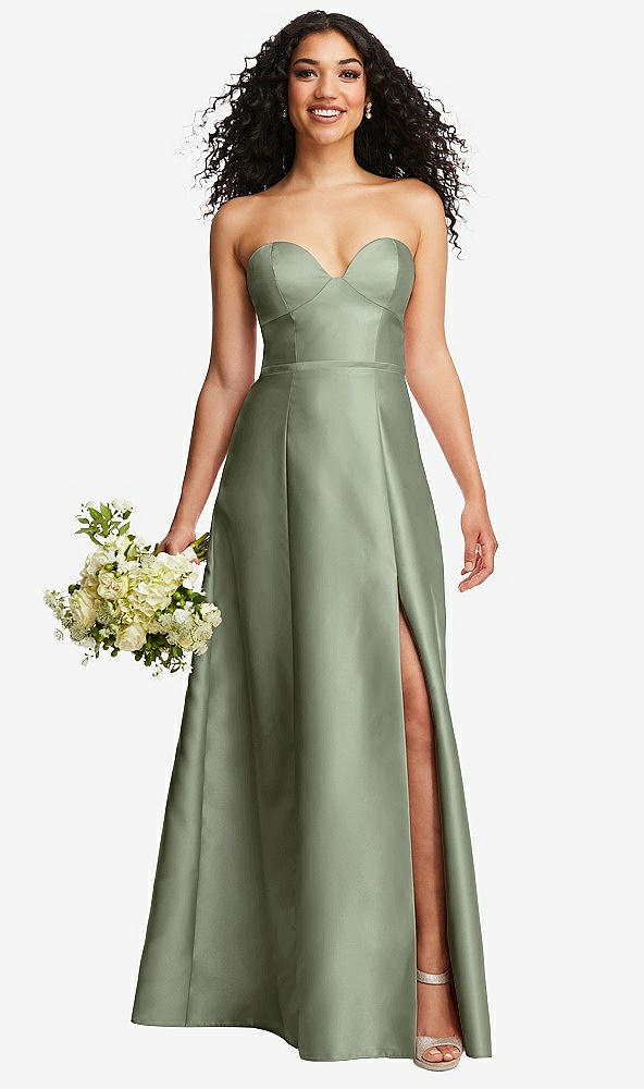 Front View - Sage Strapless Bustier A-Line Satin Gown with Front Slit