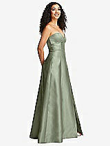 Side View Thumbnail - Sage Strapless Bustier A-Line Satin Gown with Front Slit