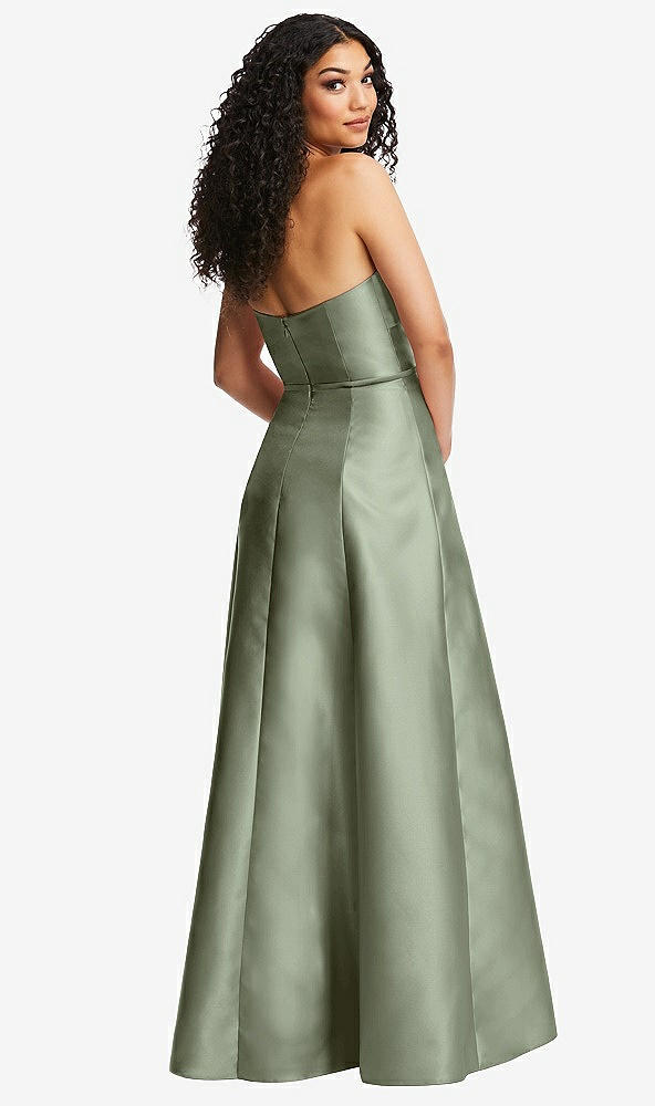 Back View - Sage Strapless Bustier A-Line Satin Gown with Front Slit