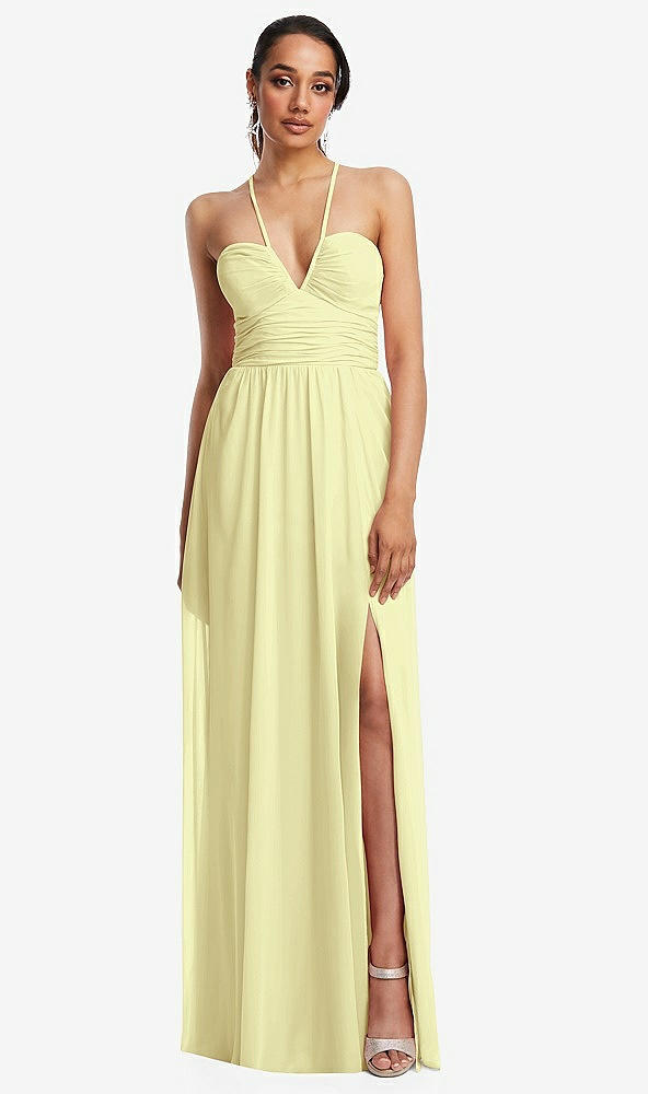 Front View - Butter Yellow Plunging V-Neck Criss Cross Strap Back Maxi Dress