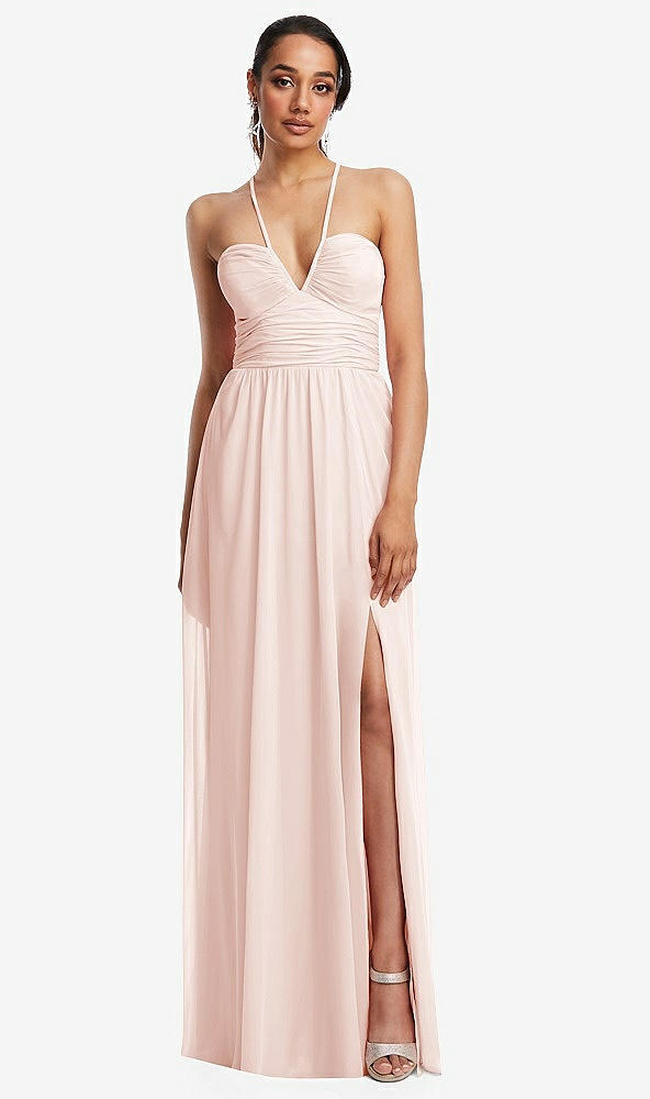 Front View - Blush Plunging V-Neck Criss Cross Strap Back Maxi Dress