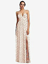 Front View Thumbnail - Coquette Floral Print Plunging V-Neck Criss Cross Strap Back Maxi Dress