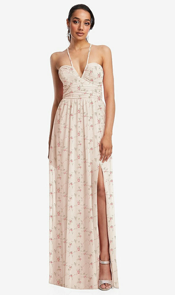 Front View - Coquette Floral Print Plunging V-Neck Criss Cross Strap Back Maxi Dress