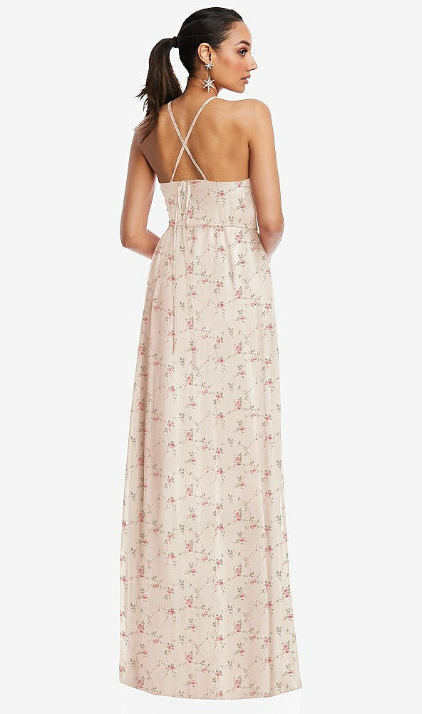 Back View - Coquette Floral Print Plunging V-Neck Criss Cross Strap Back Maxi Dress