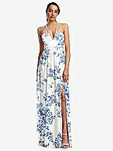 Front View Thumbnail - Cottage Rose Dusk Blue Plunging V-Neck Criss Cross Strap Back Maxi Dress