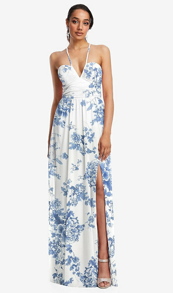 Front View - Cottage Rose Dusk Blue Plunging V-Neck Criss Cross Strap Back Maxi Dress