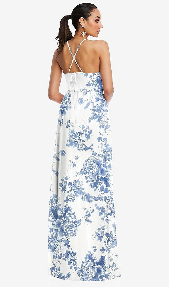 Back View - Cottage Rose Dusk Blue Plunging V-Neck Criss Cross Strap Back Maxi Dress