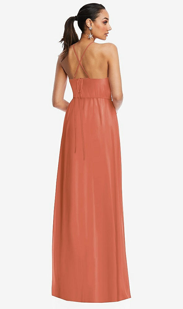 Back View - Terracotta Copper Plunging V-Neck Criss Cross Strap Back Maxi Dress