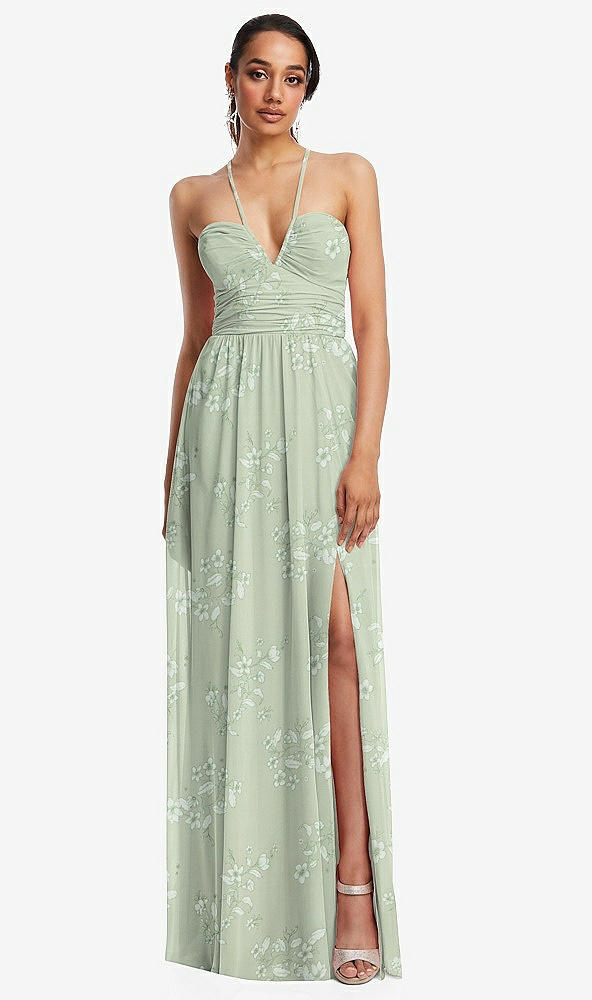 Front View - Vintage Primrose Sage Plunging V-Neck Criss Cross Strap Back Maxi Dress