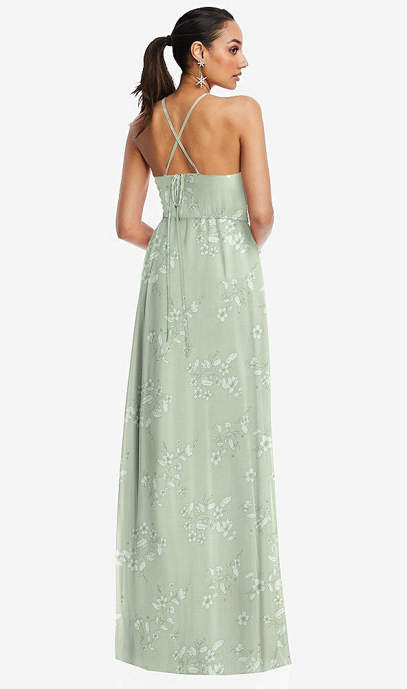 Back View - Vintage Primrose Sage Plunging V-Neck Criss Cross Strap Back Maxi Dress