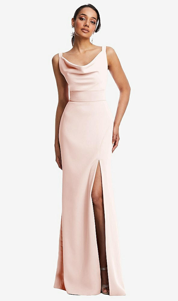 Front View - Blush Cowl-Neck Wide Strap Crepe Trumpet Gown with Front Slit