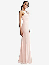 Side View Thumbnail - Blush Cowl-Neck Wide Strap Crepe Trumpet Gown with Front Slit