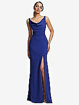 Front View Thumbnail - Cobalt Blue Cowl-Neck Wide Strap Crepe Trumpet Gown with Front Slit