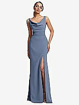 Front View Thumbnail - Larkspur Blue Cowl-Neck Wide Strap Crepe Trumpet Gown with Front Slit