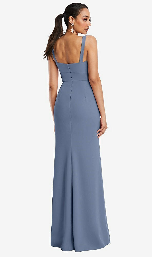 Back View - Larkspur Blue Cowl-Neck Wide Strap Crepe Trumpet Gown with Front Slit