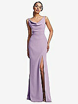 Front View Thumbnail - Pale Purple Cowl-Neck Wide Strap Crepe Trumpet Gown with Front Slit