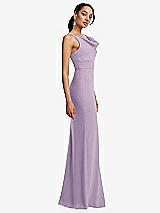 Side View Thumbnail - Pale Purple Cowl-Neck Wide Strap Crepe Trumpet Gown with Front Slit