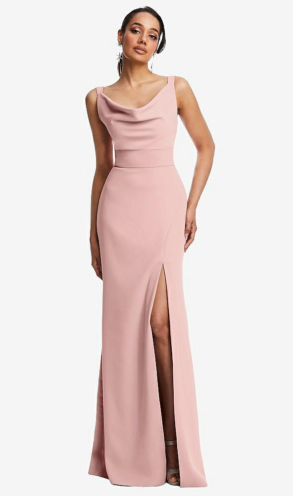 Front View - Rose - PANTONE Rose Quartz Cowl-Neck Wide Strap Crepe Trumpet Gown with Front Slit