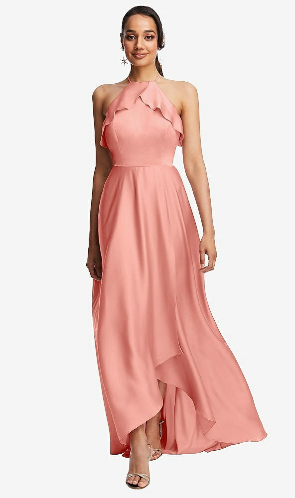 Front View - Rose - PANTONE Rose Quartz Ruffle-Trimmed Bodice Halter Maxi Dress with Wrap Slit