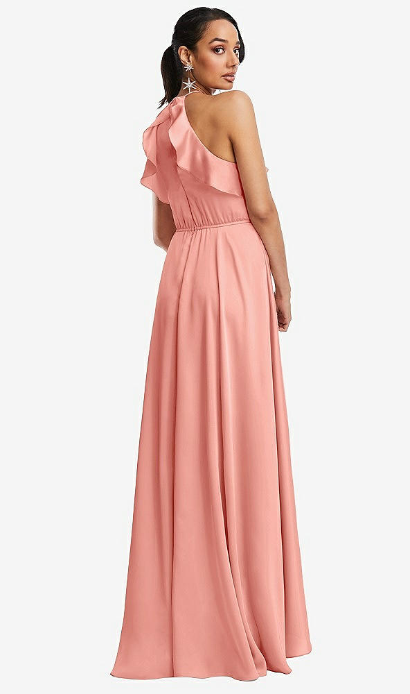 Back View - Rose - PANTONE Rose Quartz Ruffle-Trimmed Bodice Halter Maxi Dress with Wrap Slit