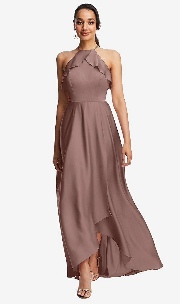 Front View - Sienna Ruffle-Trimmed Bodice Halter Maxi Dress with Wrap Slit