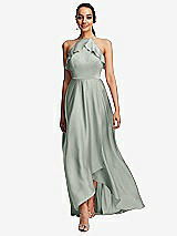 Front View Thumbnail - Willow Green Ruffle-Trimmed Bodice Halter Maxi Dress with Wrap Slit