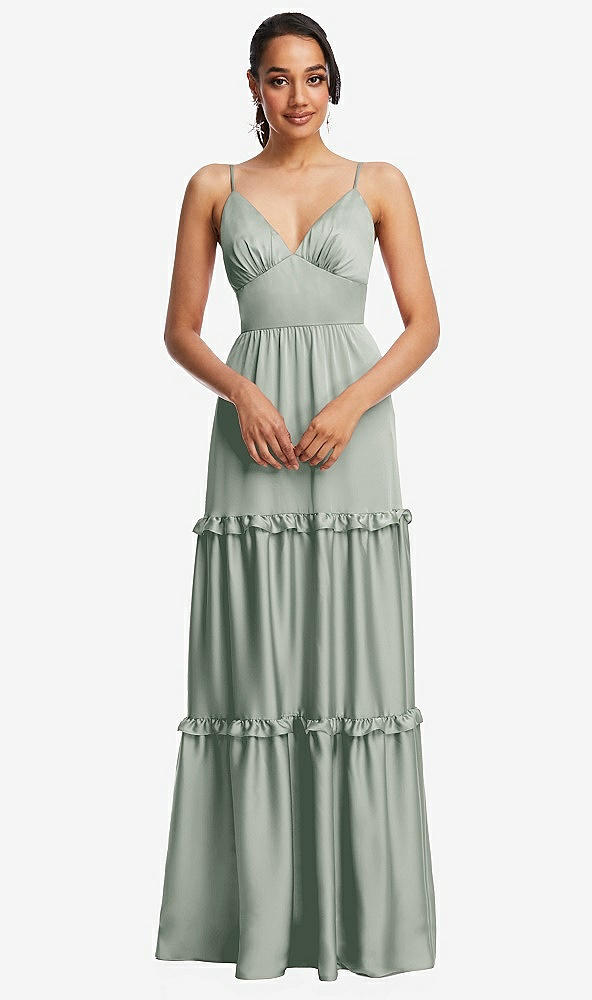 Front View - Willow Green Low-Back Triangle Maxi Dress with Ruffle-Trimmed Tiered Skirt