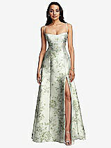 Front View Thumbnail - Sage Cottage Rose Open Neck Cutout Floral Satin A-Line Gown with Pockets