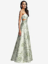 Side View Thumbnail - Sage Cottage Rose Open Neck Cutout Floral Satin A-Line Gown with Pockets