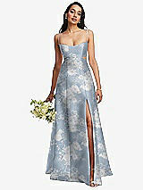 Alt View 1 Thumbnail - Porcelain Blue Seraphina Floral Open Neck Cutout Floral Satin A-Line Gown with Pockets