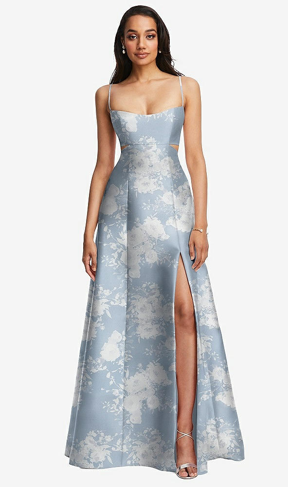 Front View - Porcelain Blue Seraphina Floral Open Neck Cutout Floral Satin A-Line Gown with Pockets