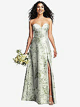 Front View Thumbnail - Sage Cottage Rose Strapless Bustier A-Line Floral Satin Gown with Front Slit