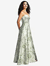 Side View Thumbnail - Sage Cottage Rose Strapless Bustier A-Line Floral Satin Gown with Front Slit