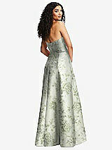 Rear View Thumbnail - Sage Cottage Rose Strapless Bustier A-Line Floral Satin Gown with Front Slit