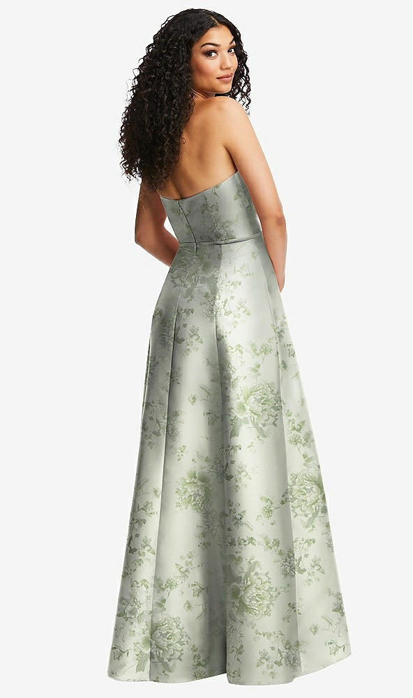 Back View - Sage Cottage Rose Strapless Bustier A-Line Floral Satin Gown with Front Slit