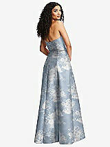 Rear View Thumbnail - Porcelain Blue Seraphina Floral Strapless Bustier A-Line Floral Satin Gown with Front Slit